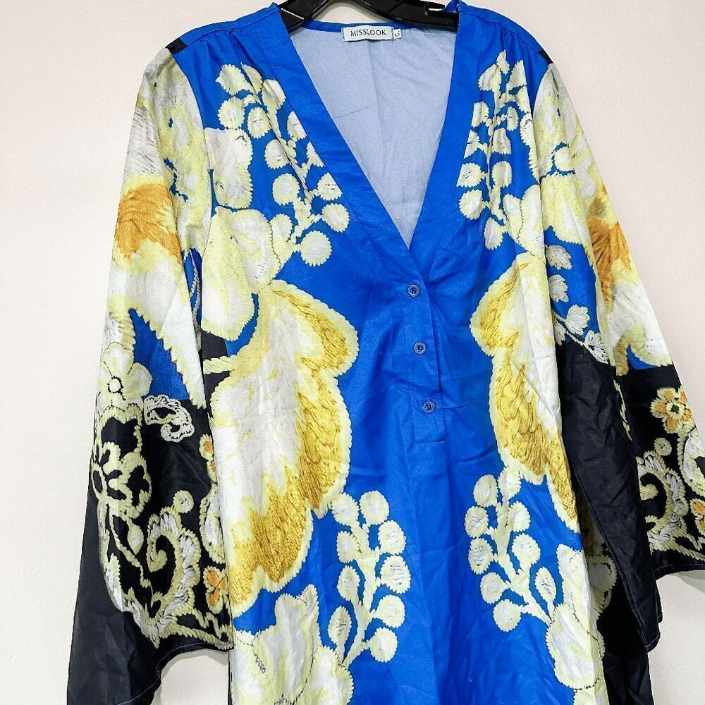 Brand New Women's Tunic Dress Cute Floral Printed Deep V Neck Long Sleeve Casual - Picture 5 of 10